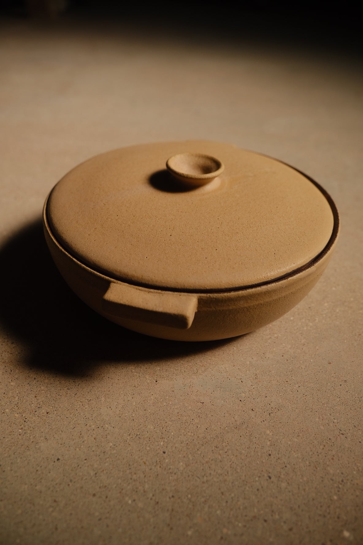 Satin Sand Lidded Hot Dish low three-quarter angle resting on a flat surface, showing shallow bowl profile and lid.