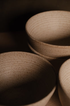 Speckled Buff Ramen Bowl, three bowls grouped close showing interior throwing rings and matte finish