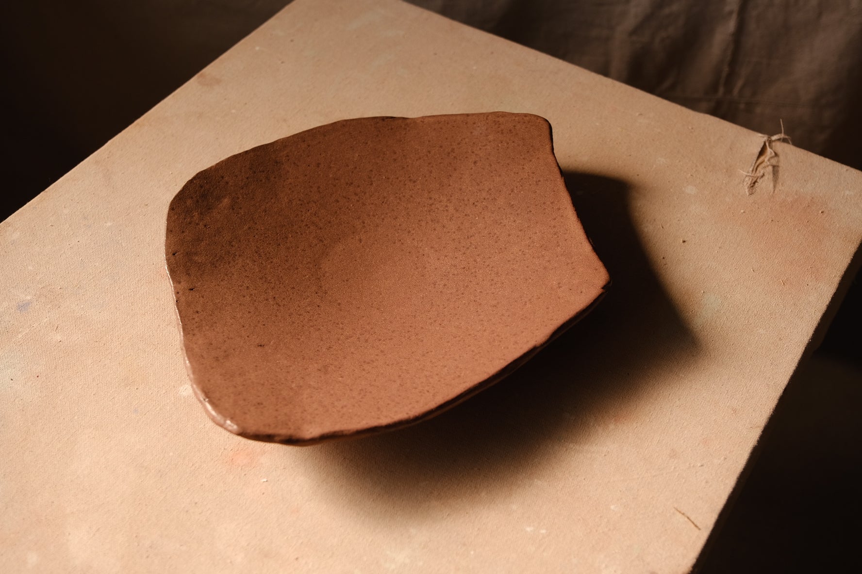 Mesa Platter viewed at a tilted three-quarter angle with warm light grazing across the speckled interior.