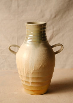 Woodfire Amphora # 4 reverse angle showing pale glaze drips running down over the ridged lower base.