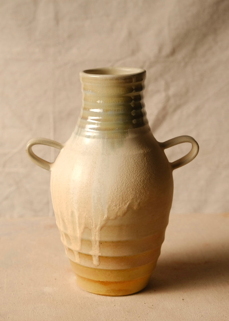 Woodfire Amphora # 4 reverse angle showing pale glaze drips running down over the ridged lower base.