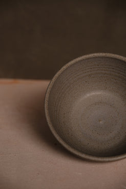 Speckled Buff Ramen Bowl, overhead interior view of an empty stoneware bowl showing rounded base
