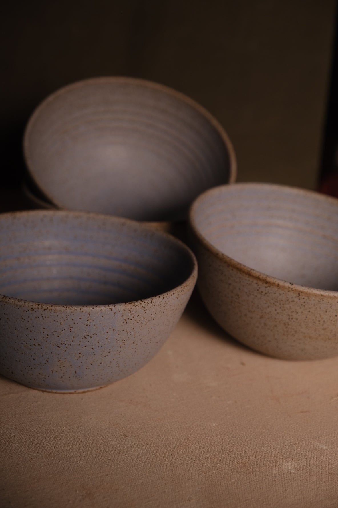 Speckled Buff Ramen Bowl, group of three stoneware bowls resting on a canvas surface in warm studio light