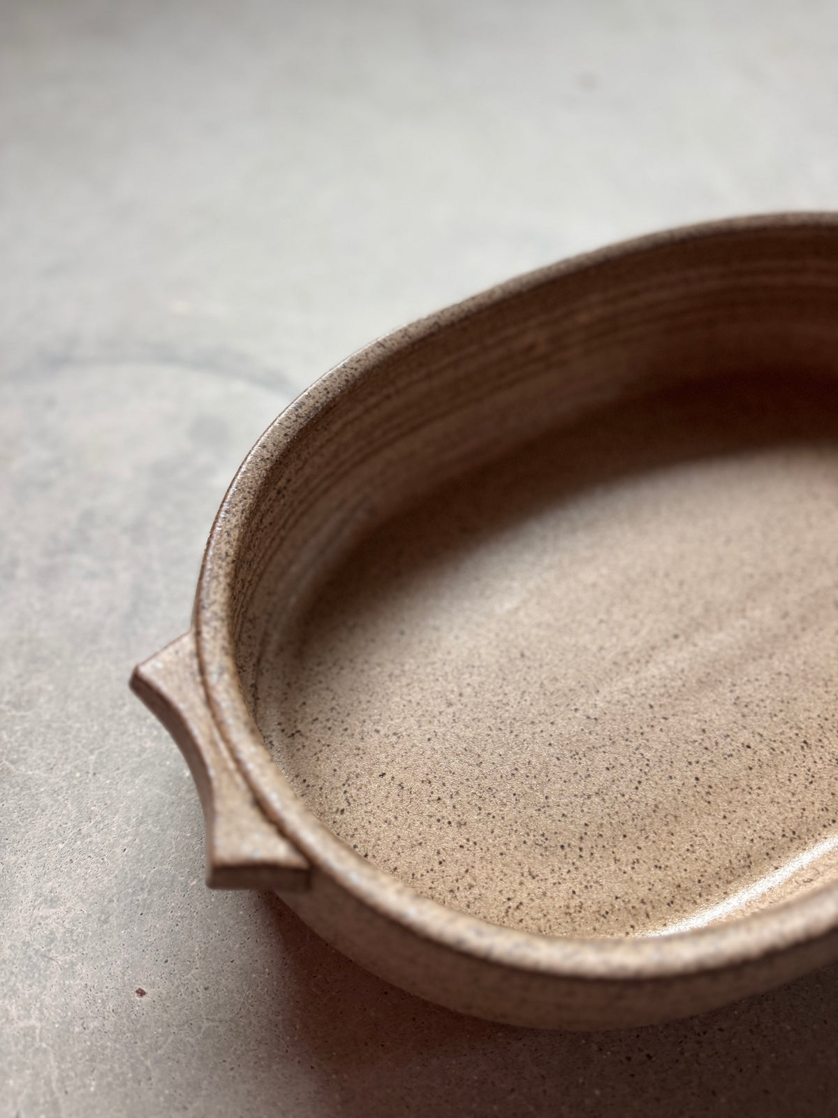 Speckle Maize Hot Dish, high-angle close view looking inside the speckled oval baker and tab handle.
