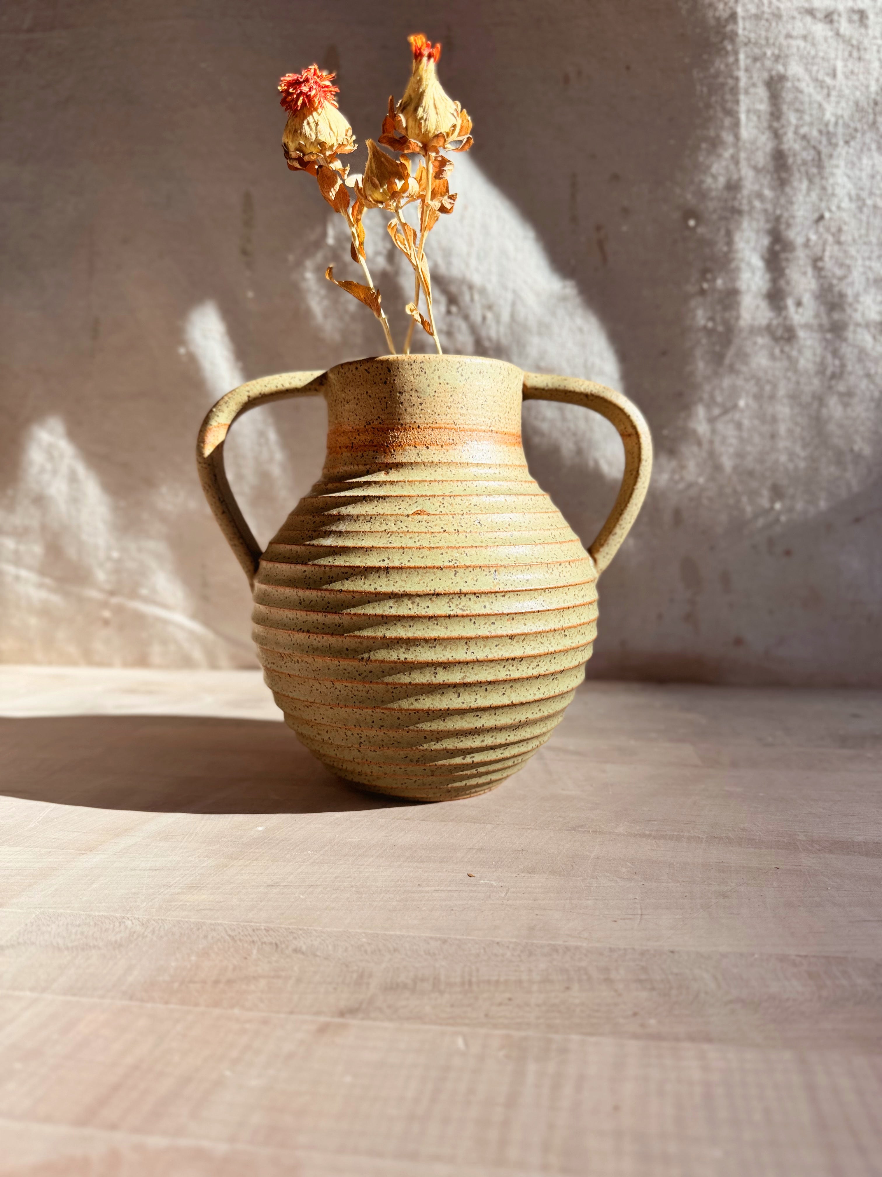 Iona Amphore speckled glazed ceramic vase with ribbed body and two looped handles, holding dried flowers on a wood surface.