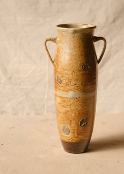 Woodfire Amphora #6, front view showing wadding marks, two loop handles, flared rim, and dark tapered foot.