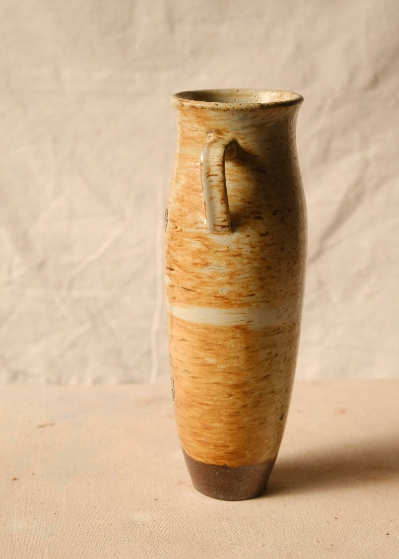 Woodfire Amphora #6, opposite side profile displaying single handle and mottled wood-fired glaze texture.