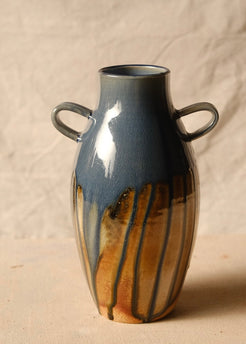 Woodfire Amphora #9, reverse view with both side handles visible and amber underglaze beneath the dripping neck.