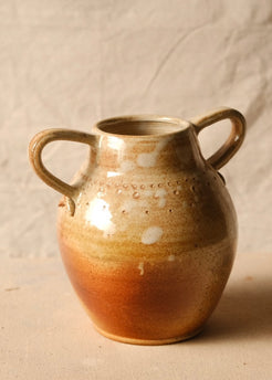 Woodfire Amphora #10 ceramic vessel rotated to the reverse side, showing white slip accents and twin handles