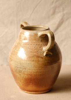 Woodfire Amphora #10, three-quarter angle emphasizing the rounded shoulder, wide opening, and stamped textured bands