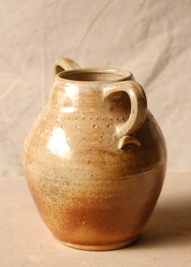 Woodfire Amphora #10, three-quarter angle emphasizing the rounded shoulder, wide opening, and stamped textured bands
